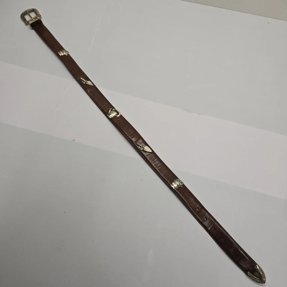 Vintage Brown Leather Gardening Theme Belt Silver Hardware Charms Size M USA